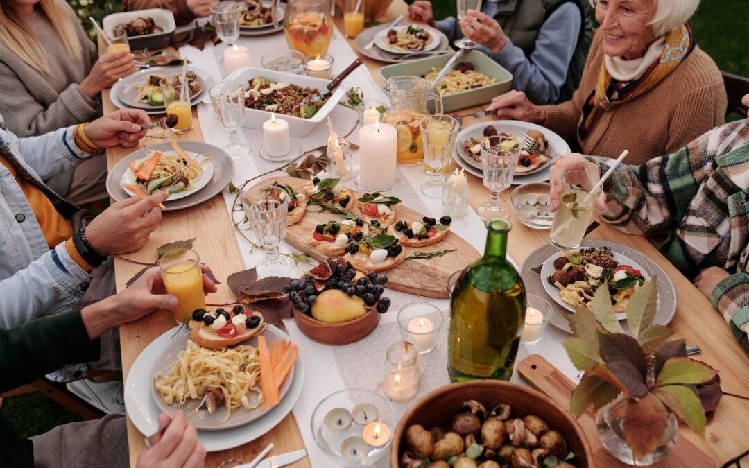 Dining table with people and food